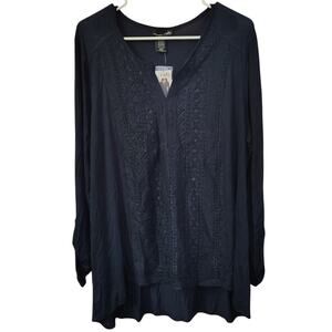 Navy Blue Shirt Size XXL Women's Lace Front Long Sleeves Boho Romantic Winter
